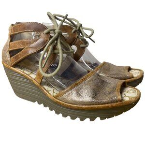 Fly London Yafi Lace Up Leather Wedge Sandals Brown Tan Sz 41 (EU)